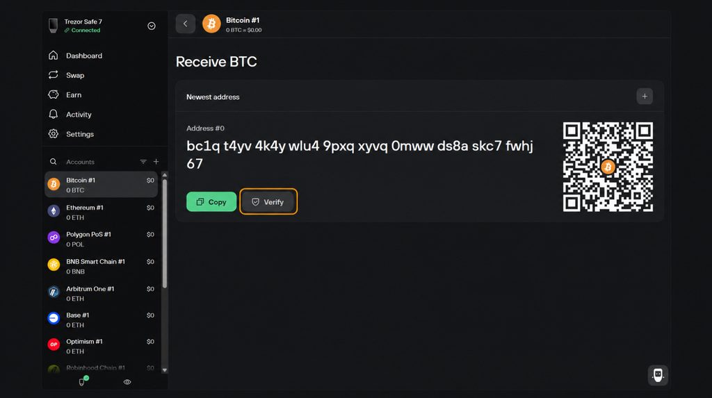 Receive BTC screen with an address, QR code and Verify button for checking on Trezor