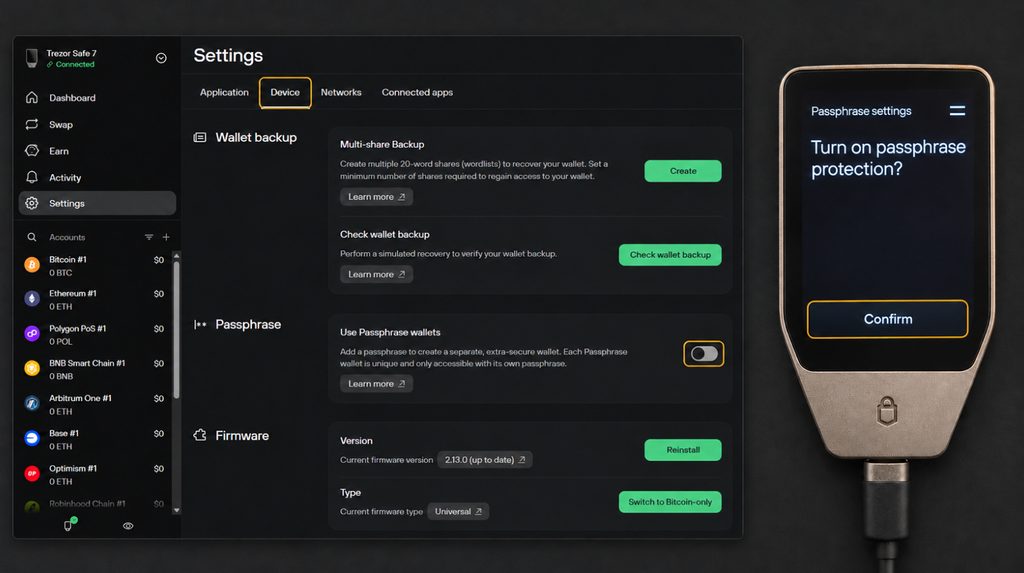 Enabling Use Passphrase wallets in Settings → Device and confirming on Safe 7