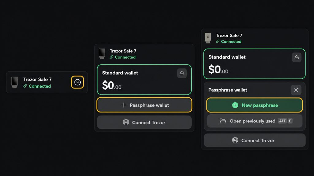 Suite wallet menu showing Passphrase wallet and New passphrase selections
