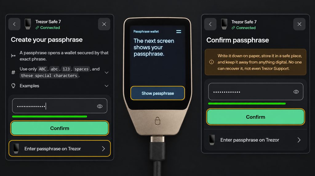 Entering a passphrase in Suite or on Safe 7 and confirming it a second time