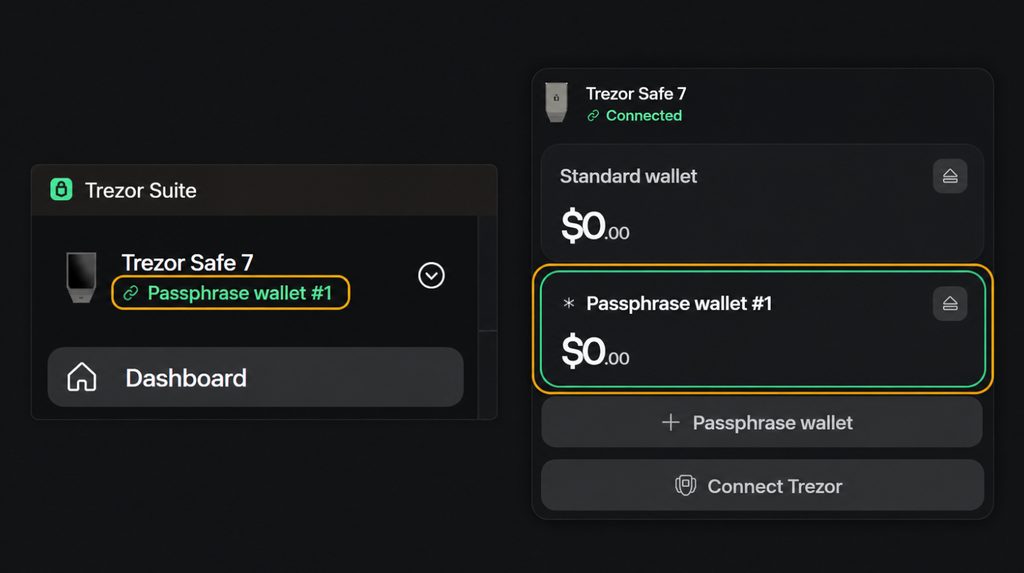 New Passphrase wallet #1 shown in the Trezor Suite sidebar and wallet menu