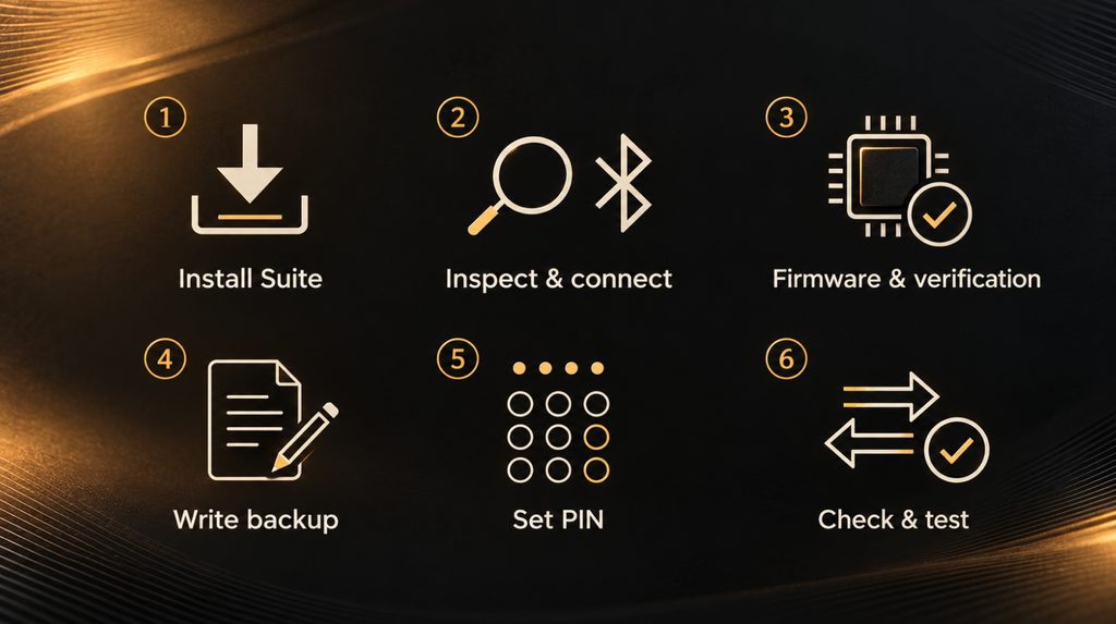 Trezor Safe 7 setup overview: Suite, connection, firmware, wallet backup and PIN