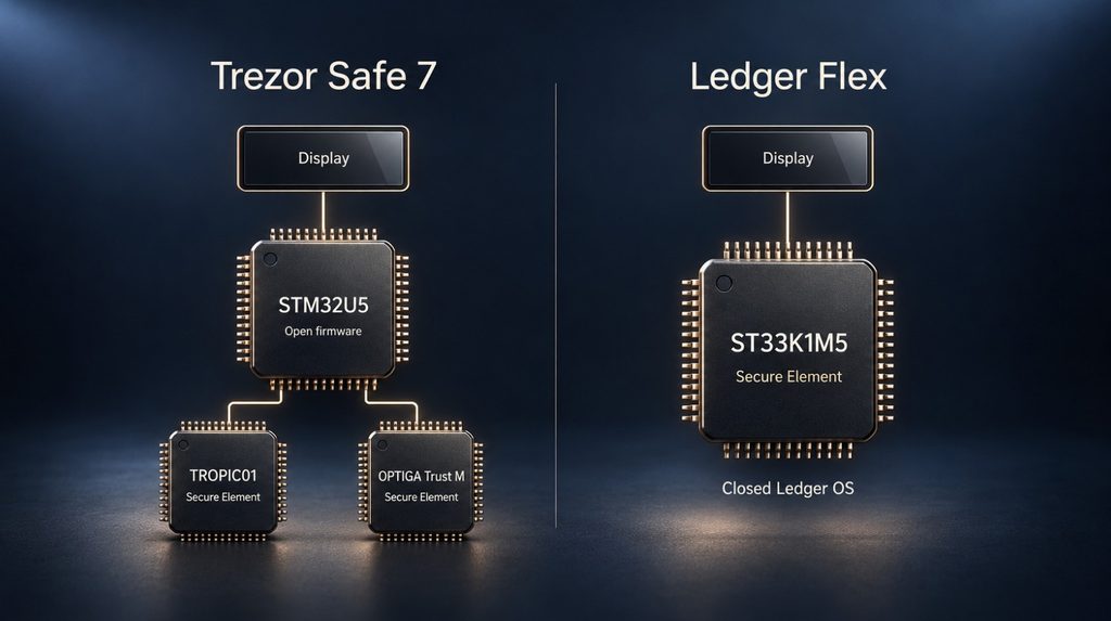 Trezor Safe 7 vs Ledger Flex: порівняння архітектури захисту, двох Secure Element у Trezor та чипа ST33K1M5 у Ledger