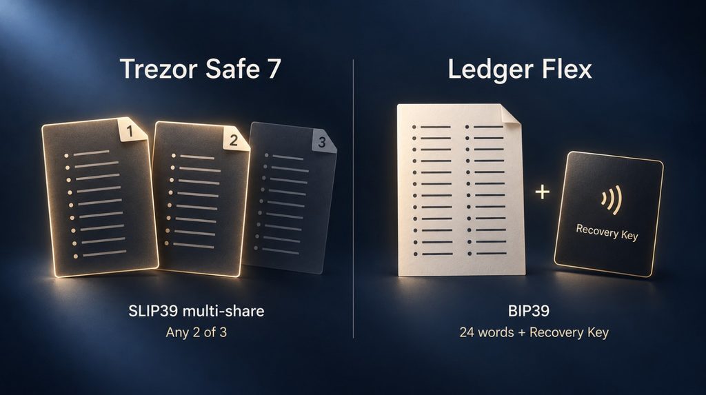 Бекап SLIP39 за схемою 2 із 3 у Trezor Safe 7 та 24 слова BIP39 із Recovery Key у Ledger Flex