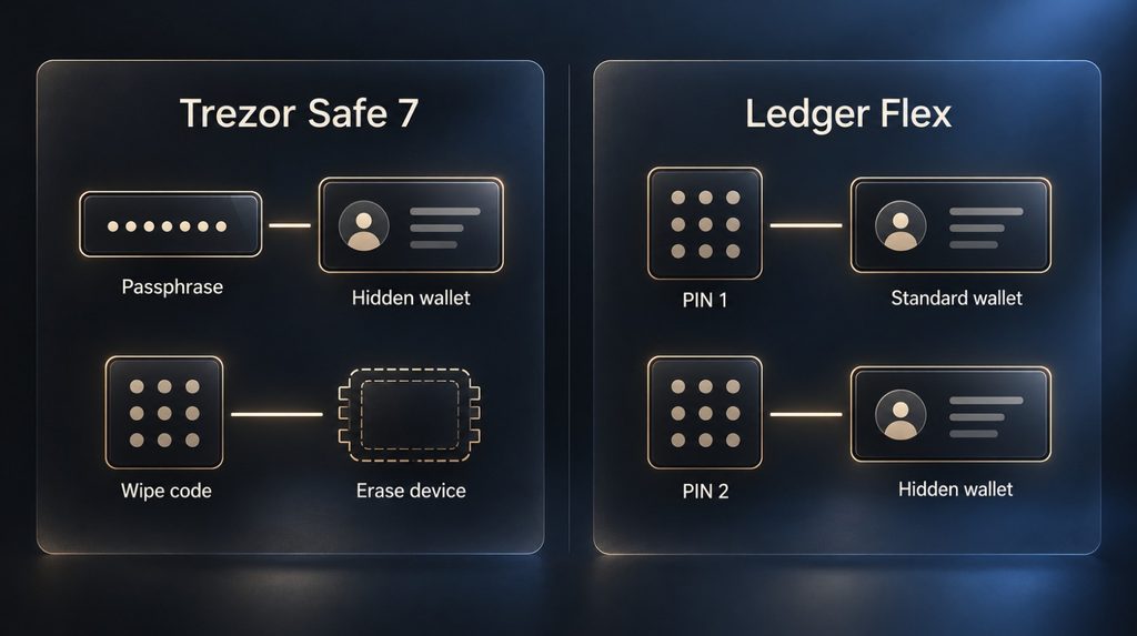 Passphrase і wipe code у Trezor Safe 7 та стандартний і прихований гаманці з різними PIN у Ledger Flex