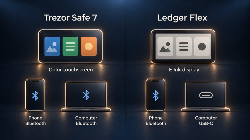 Екрани й підключення: Trezor Safe 7 із Bluetooth для телефона та комп’ютера, Ledger Flex із Bluetooth для телефона й USB-C для комп’ютера