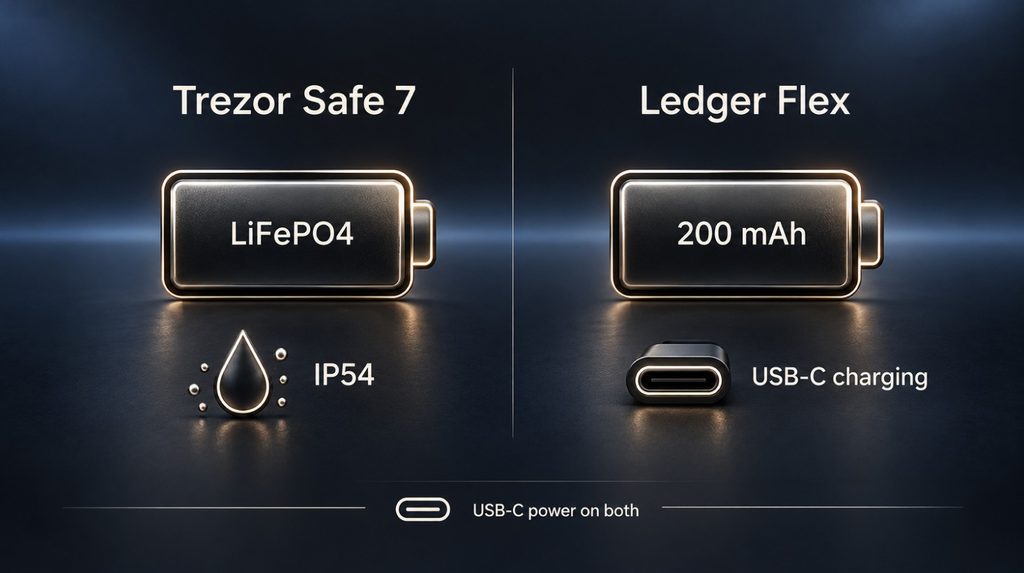 Батарея LiFePO₄ і захист IP54 у Trezor Safe 7, акумулятор Ledger Flex та живлення обох пристроїв через USB-C