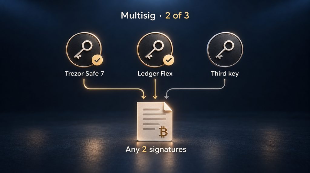 Multisig для Bitcoin: Trezor Safe 7, Ledger Flex і третій незалежний ключ; для транзакції достатньо будь-яких двох підписів