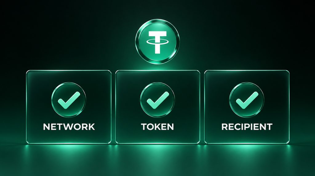 Network, token and recipient checks before a USDT0 transfer