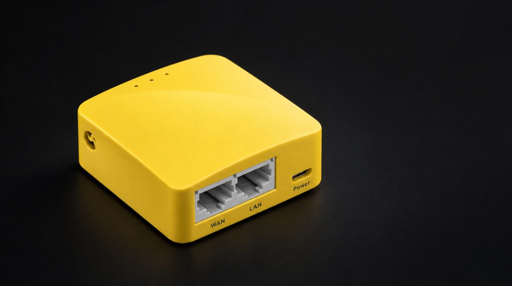 Компактный жёлтый роутер GL.iNet Mango с двумя Ethernet-портами