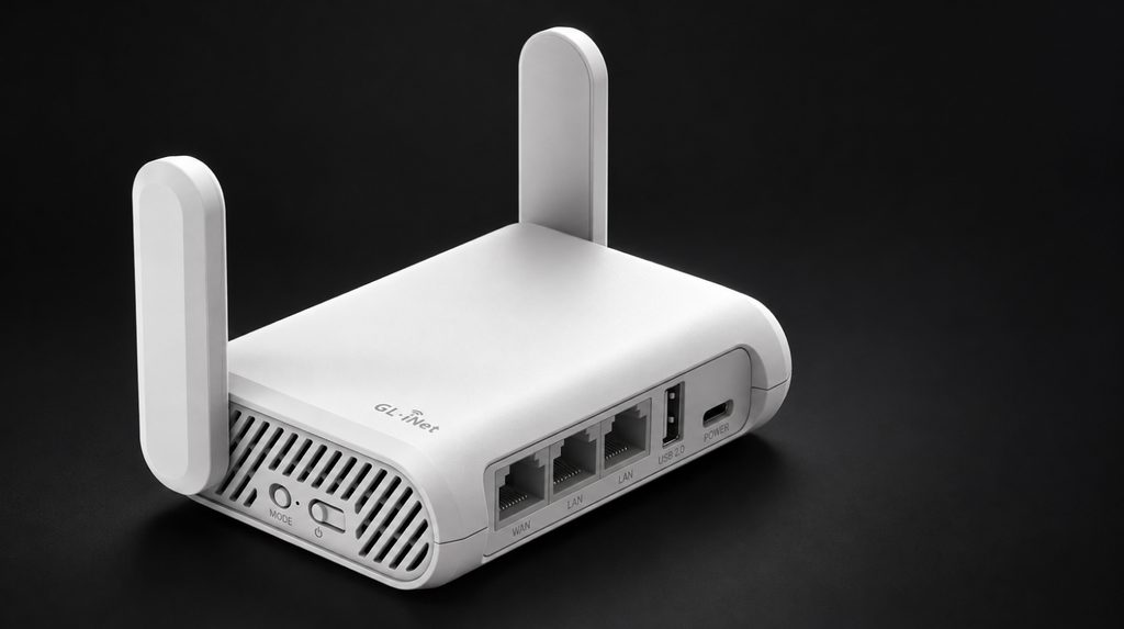 Белый роутер GL.iNet Opal с двумя антеннами и тремя гигабитными портами
