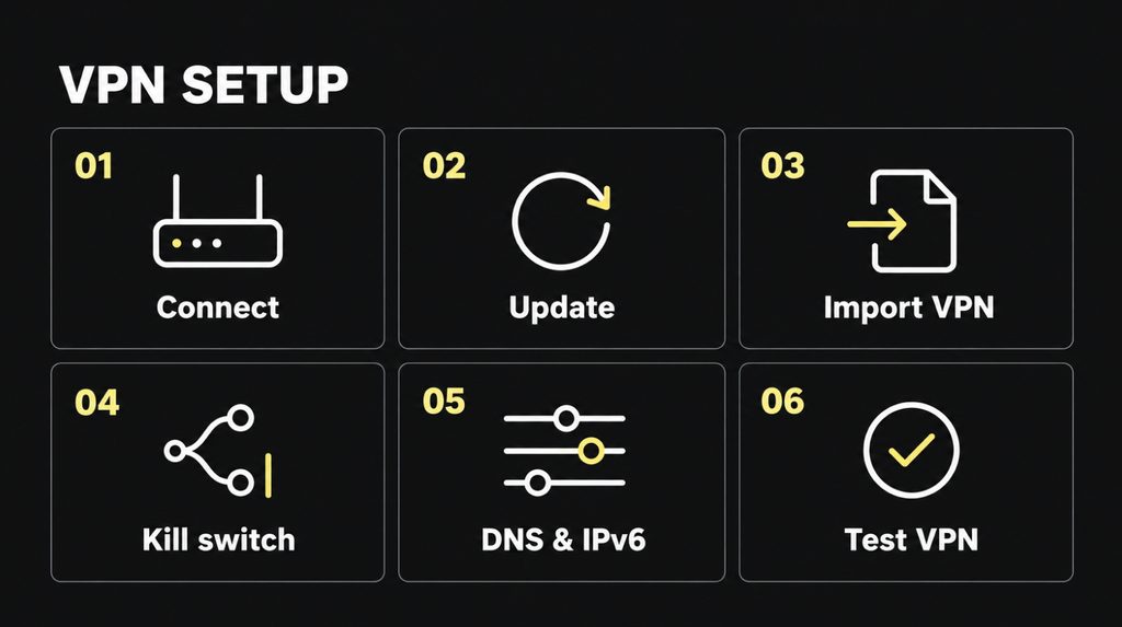 Шесть шагов настройки роутера и VPN: подключение, обновление, WireGuard, kill switch, DNS и проверка
