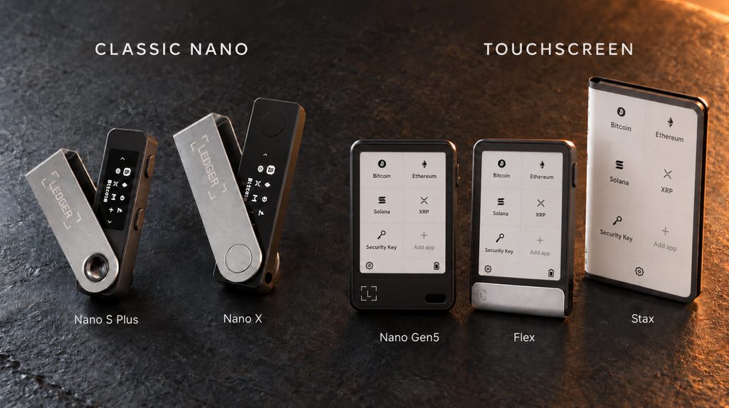Класичні Ledger Nano S Plus і Nano X поруч із сенсорними Nano Gen5, Flex і Stax