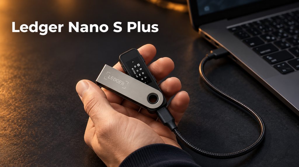 Ledger Nano S Plus у руці, підключений кабелем до ноутбука