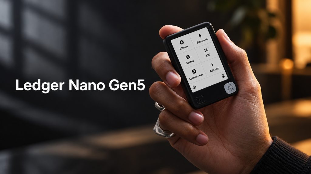 Ledger Nano Gen5 із сенсорним екраном у руці