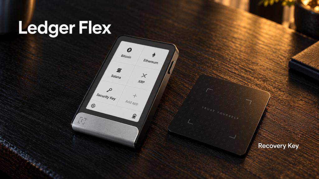 Ledger Flex поруч із карткою Ledger Recovery Key