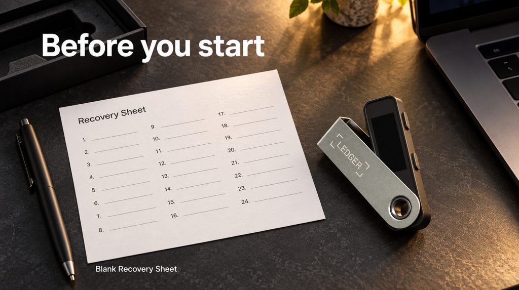 Ledger Nano S Plus поруч із порожнім бланком Recovery Sheet і ноутбуком