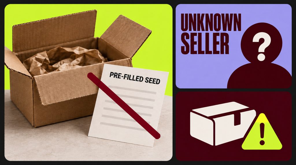 Risks of buying a hardware wallet from an unknown seller, including a preset seed phrase