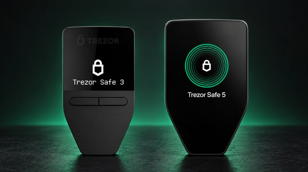 Trezor Safe 3 із двома кнопками поруч із сенсорним Trezor Safe 5 на темному тлі