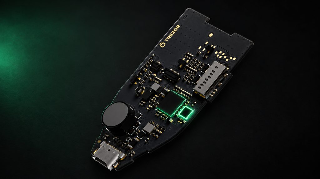 Плата Trezor Safe 5 із мікроконтролером, слотом microSD та роз’ємом USB-C