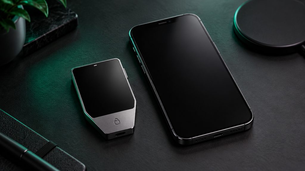 Trezor Safe 7 поруч з iPhone з вимкненими екранами на темному столі