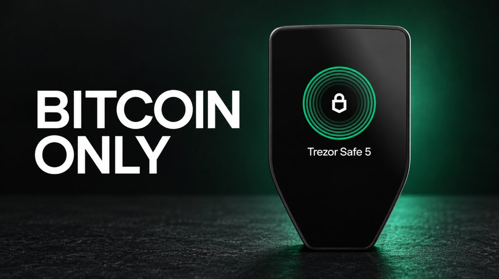Trezor Safe 5 поруч із написом Bitcoin Only на чорно-зеленому тлі