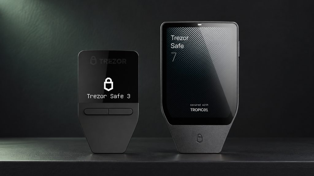 Trezor Safe 3 і Trezor Safe 7 поруч для порівняння розмірів та екранів