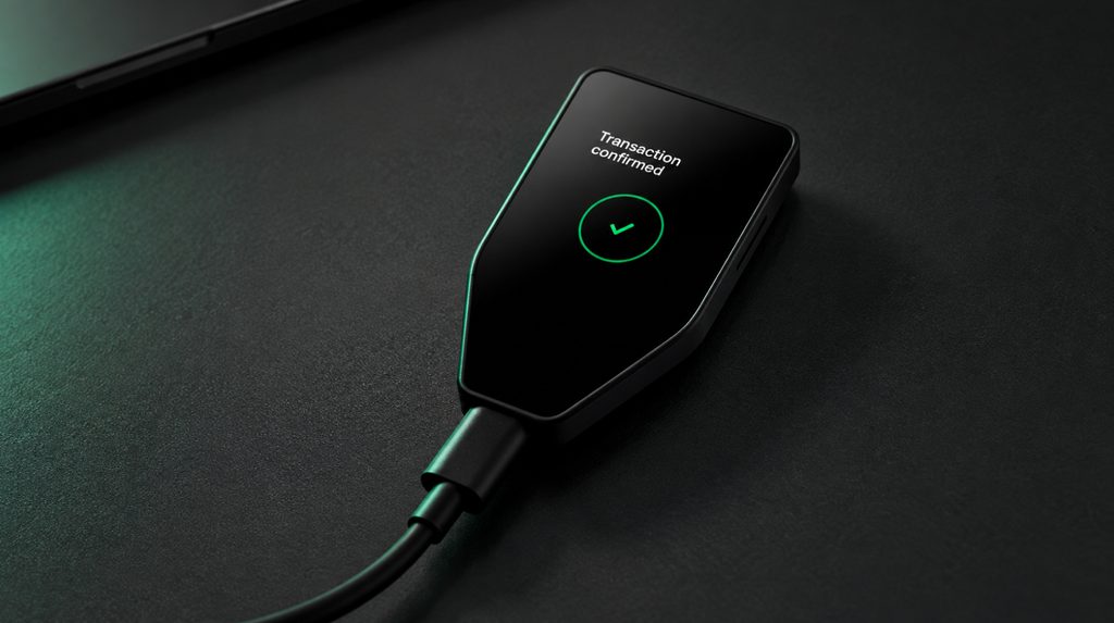 Trezor Safe 5 із підключеним кабелем USB-C та повідомленням про підтверджену транзакцію