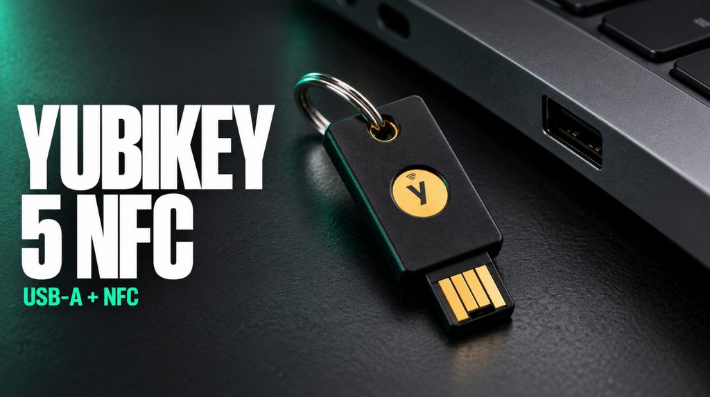 YubiKey 5 NFC с разъёмом USB-A на кольце рядом с ноутбуком
