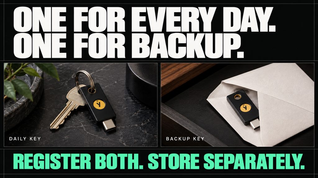 Основной YubiKey на кольце с ключами и резервный ключ в отдельном конверте